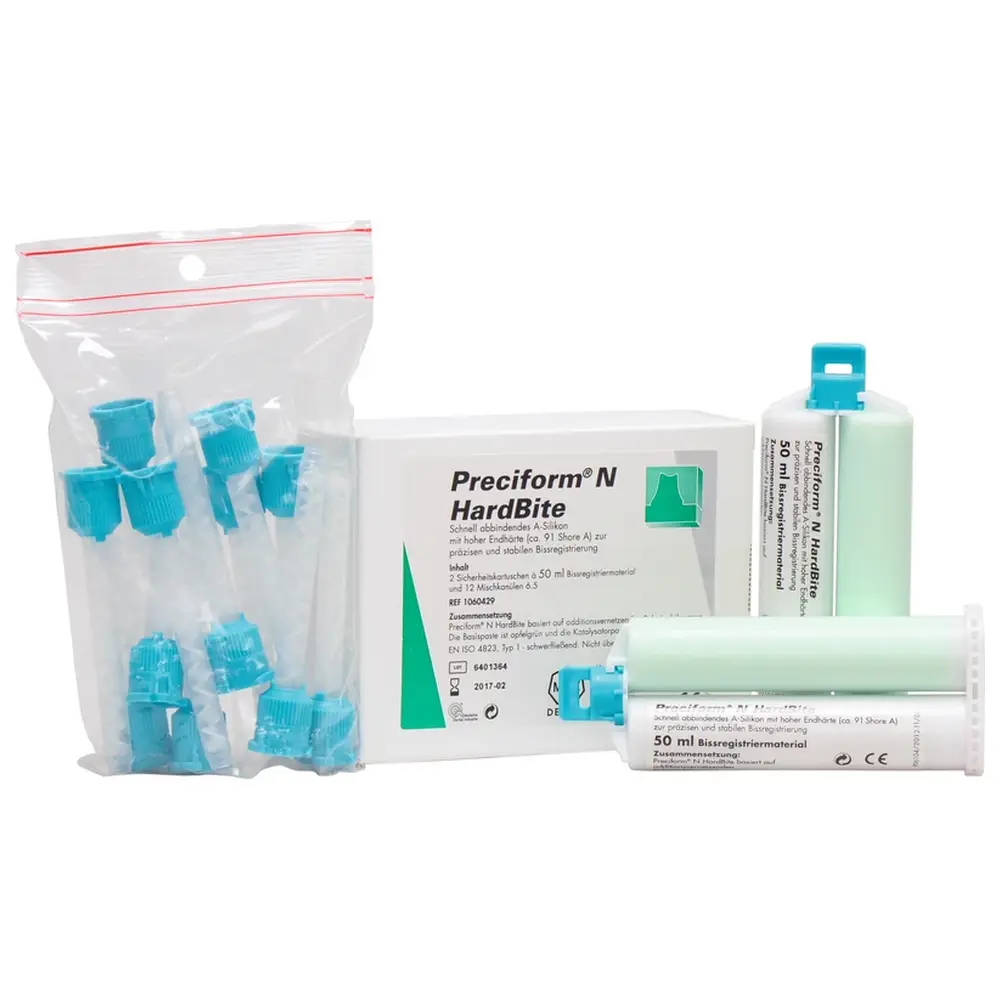 Merz Dental Preciform® N HardBite - Packung 2 x 50 ml Doppelkartusche grün, 12 Mischkanülen türkis