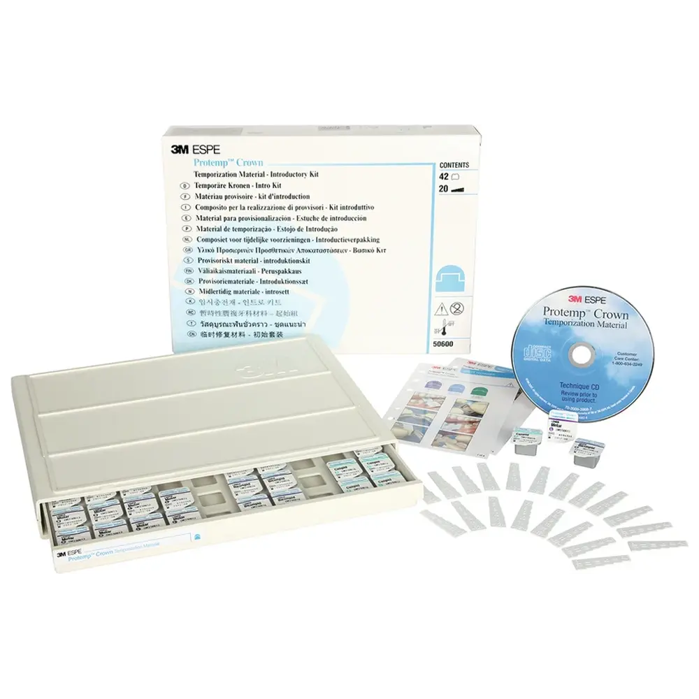 Solventum Dental Solutions Protemp™ Crown - Intro Kit 42 Kronen, 1 Kronenschubfach, Etiketten, 2 x 10 Kronenmesslehren, 1 Anleitung