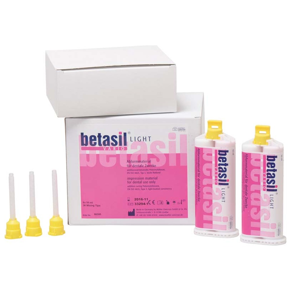 Müller-Omicron betasil® VARIO LIGHT - Großpackung 6 x 50 ml Kartusche light, 36 Mixing Tips gelb Müller-Omicron betasil® VARIO LIGHT - Großpackung 6 x 50 ml Kartusche light, 36 Mixing Tips gelb