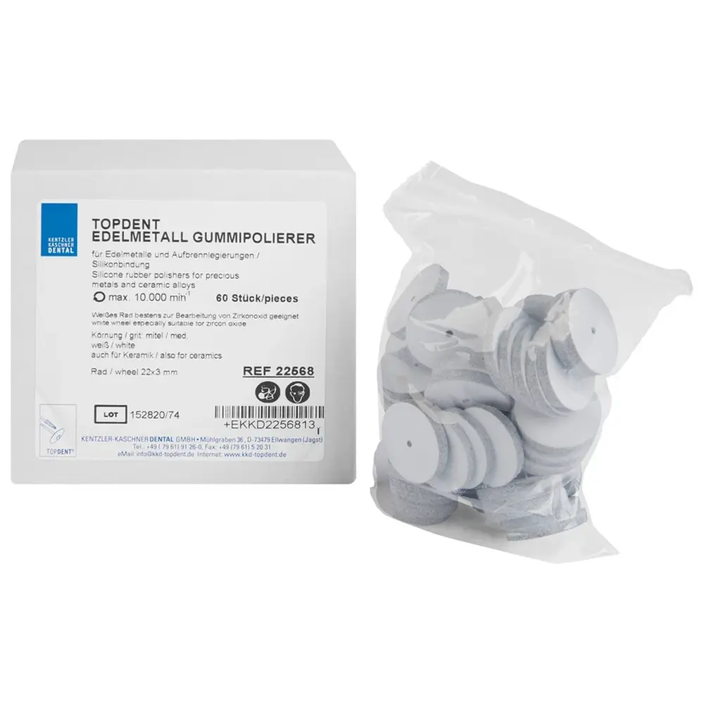 Kentzler-Kaschner TOPDENT Edelmetall Gummipolierer - Packung 60 Stück weiß mittel (auch für Keramik), Rad 22 x 3 mm