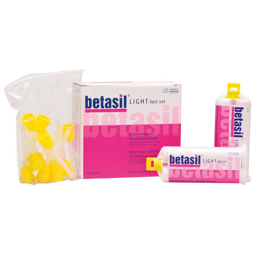 Müller-Omicron betasil® VARIO LIGHT - Packung 2 x 50 ml Kartusche light fast, 12 Mixing Tips gelb Müller-Omicron betasil® VARIO LIGHT - Packung 2 x 50 ml Kartusche light fast, 12 Mixing Tips gelb