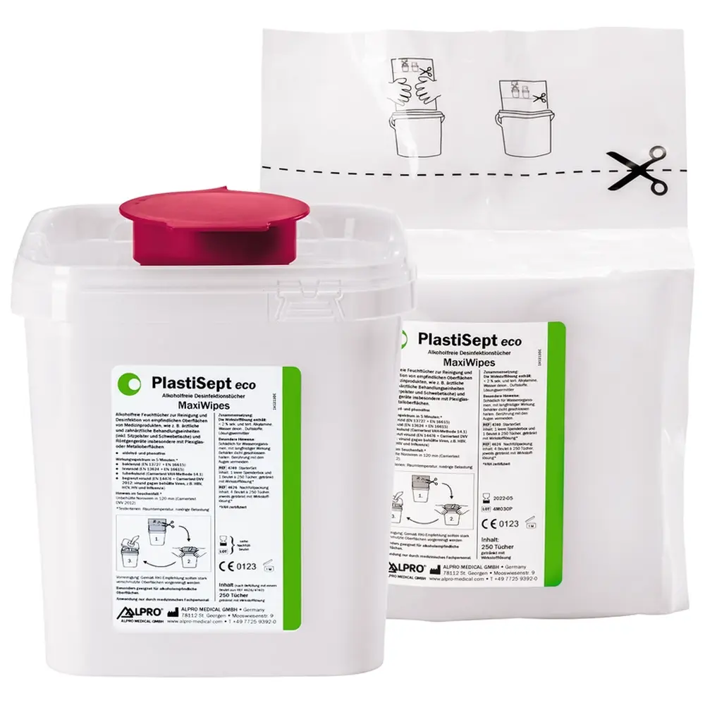 ALPRO MEDICAL PlastiSept eco MaxiWipes - Starterset 1 Dose leer, 250 Tücher
