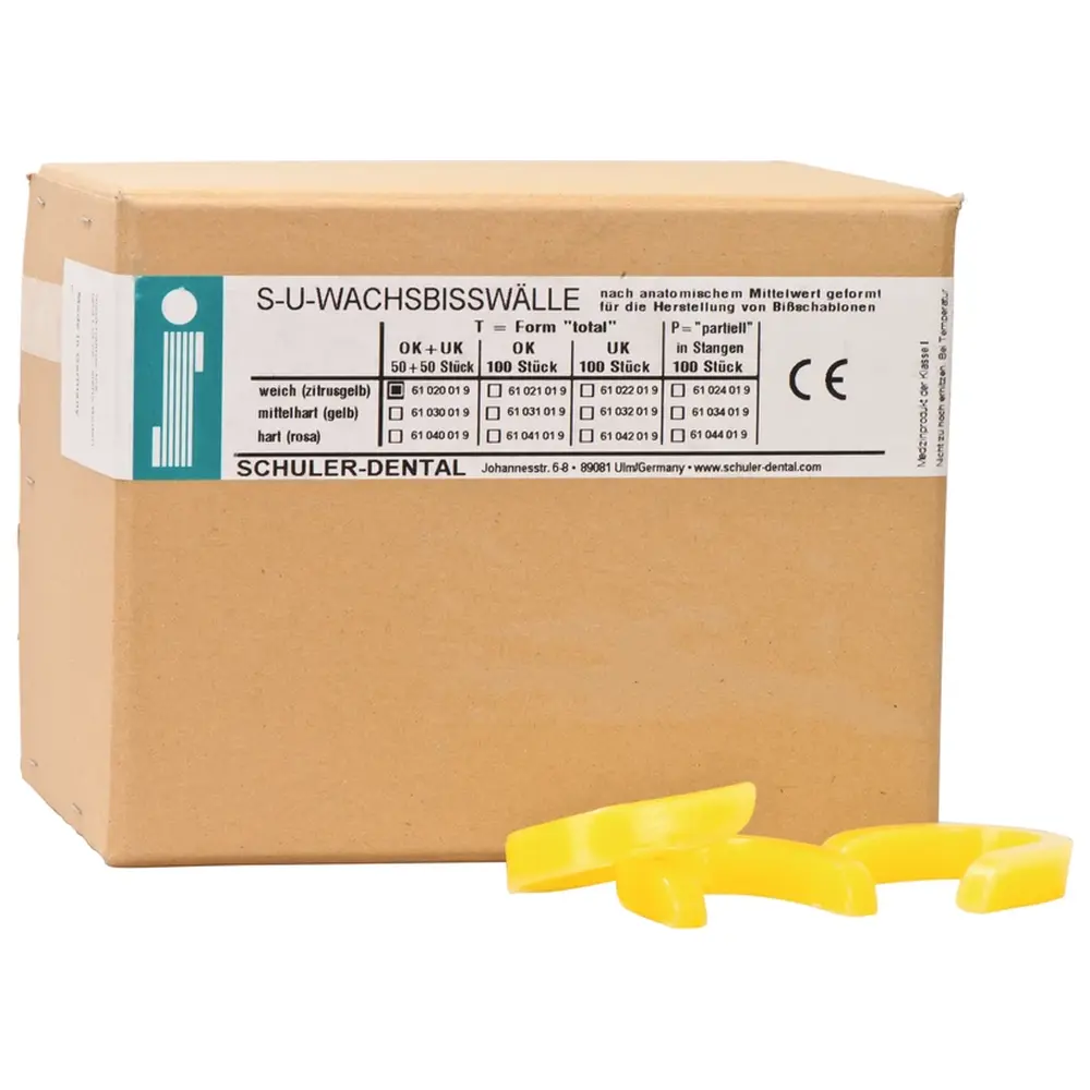 SCHULER-DENTAL S-U-Wachsbisswälle - Packung 2 x 50 Bögen zitrusgelb, (OK, UK), weich, Form T