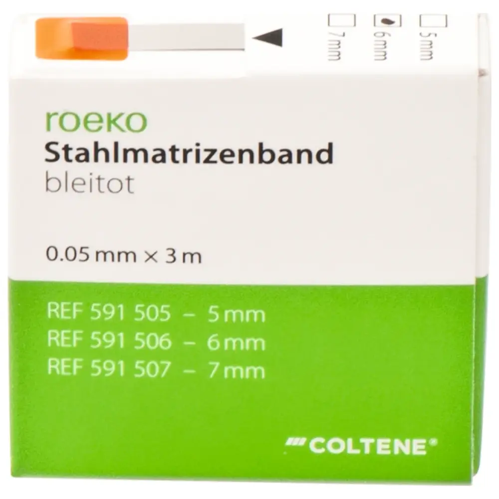 COLTENE roeko Stahlmatrizenband - Spender 3 m Band bleitot, Beite 6 mm, Stärke 0,05 mm