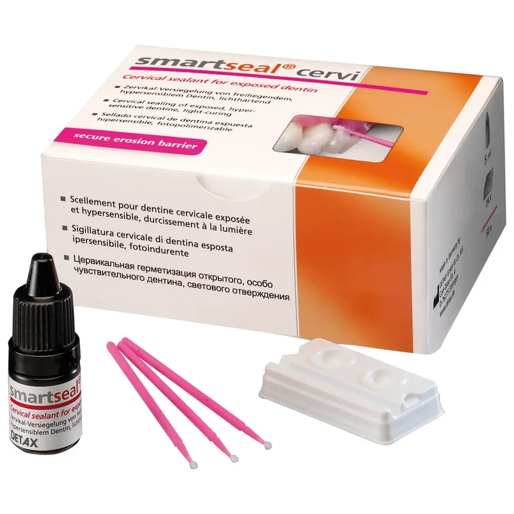 DETAX smartseal® cervi - Standardpackung 5 ml Flasche mit Tropfeinsatz, 50 Applikatoren pink, 24 Doppel-Einwegschalen