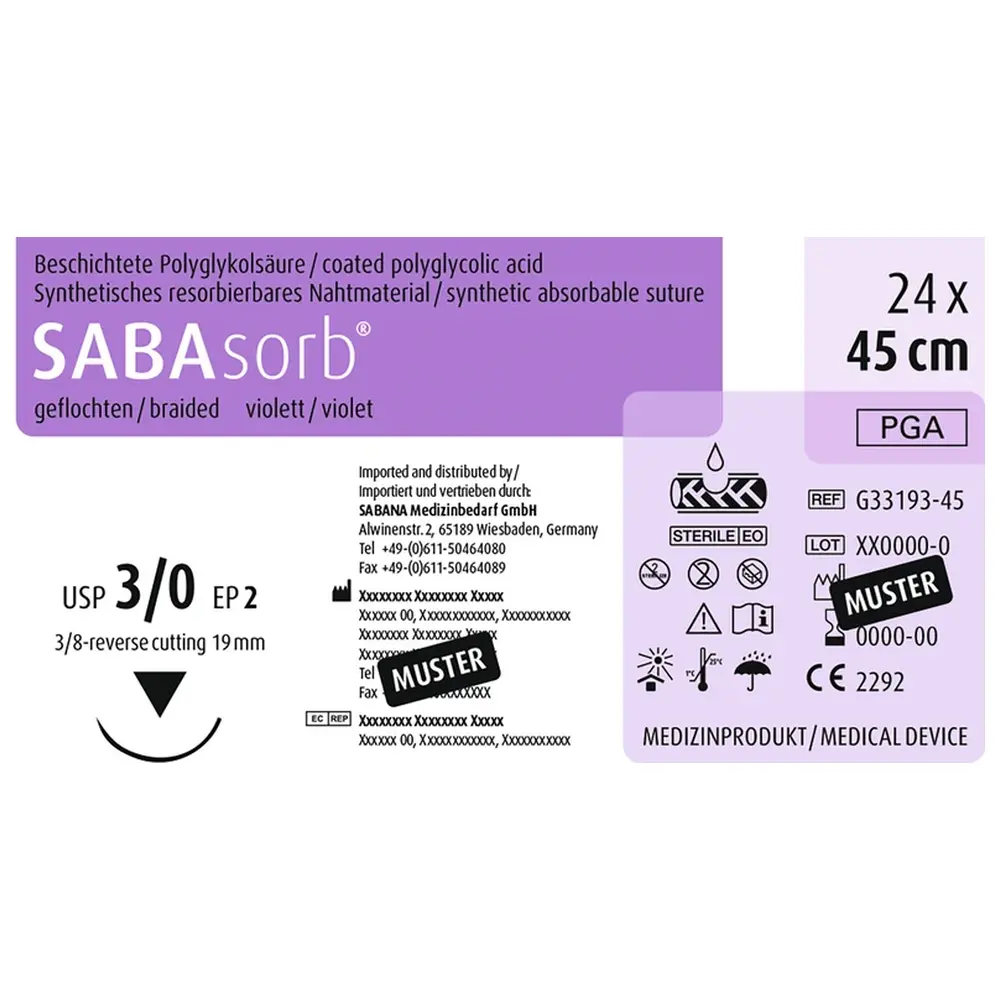 SABANA MEDIZINBEDARF SABAsorb® - Packung 24 Stück violett, 45 cm, DS-19, USP 3/0, Stärke 2
