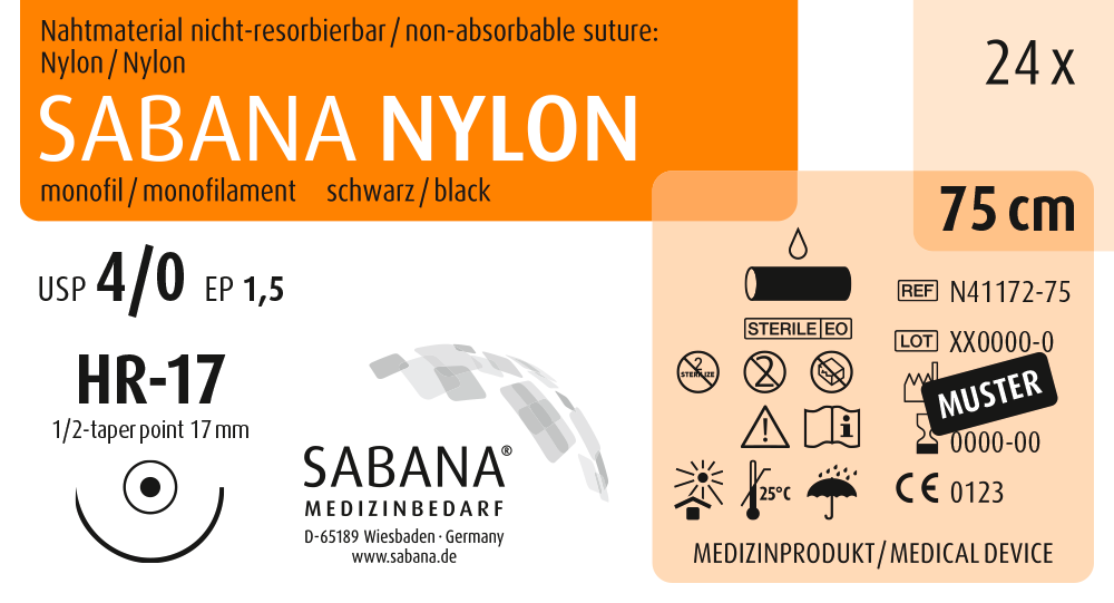 SABANA MEDIZINBEDARF SABANA NYLON - Packung 24 Stück schwarz, 75 cm, HR-17, USP 4/0, Stärke 1,5