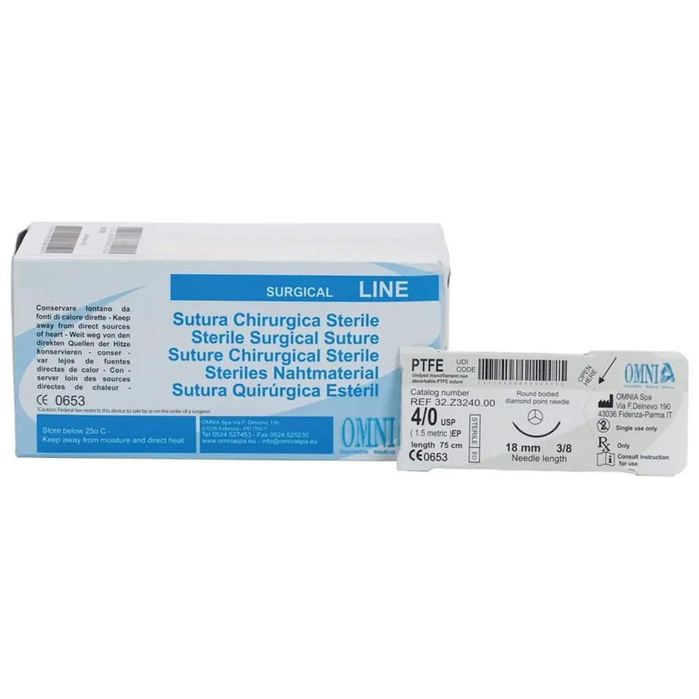 Omnia PTFE Nahtmaterial - Packung 12 Stück 75 cm, Stärke 4/0, 3/8 Kreis, diamantiert, 18 mm