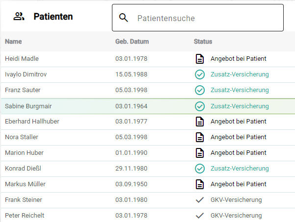 Screenshot der Patientenliste