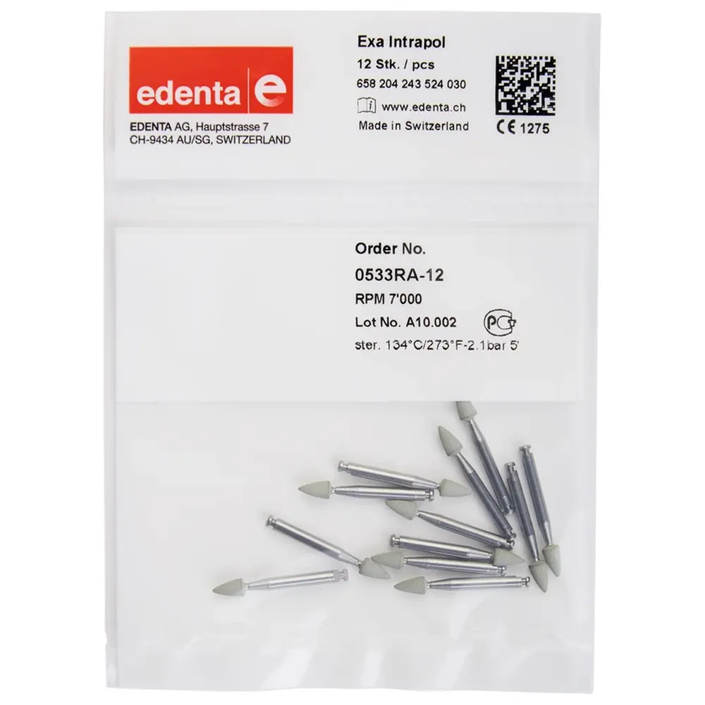 Edenta Exa Intrapol - Packung 12 Stück weiß, RA, Figur 243 Minispitze, 6 mm, ISO 030