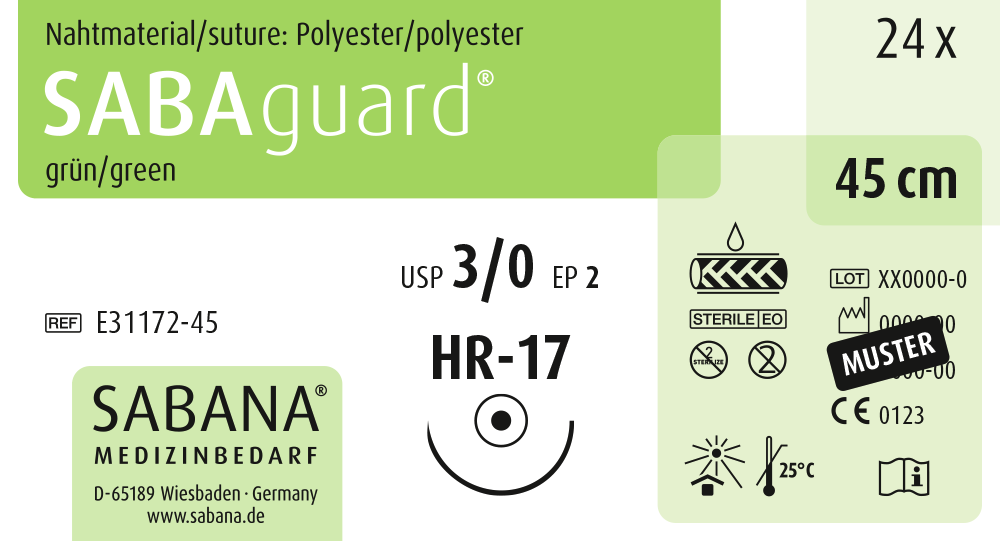 SABANA MEDIZINBEDARF SABAguard® - Packung 24 Stück grün, 45 cm, HR-17, USP 3/0, Stärke 2 SABANA MEDIZINBEDARF SABAguard® - Packung 24 Stück grün, 45 cm, HR-17, USP 3/0, Stärke 2
