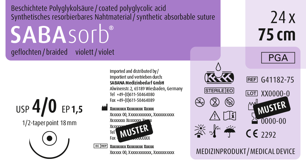 SABANA MEDIZINBEDARF SABAsorb® - Packung 24 Stück violett, 75 cm, HR-18, USP 4/0, Stärke 1,5 SABANA MEDIZINBEDARF SABAsorb® - Packung 24 Stück violett, 75 cm, HR-18, USP 4/0, Stärke 1,5