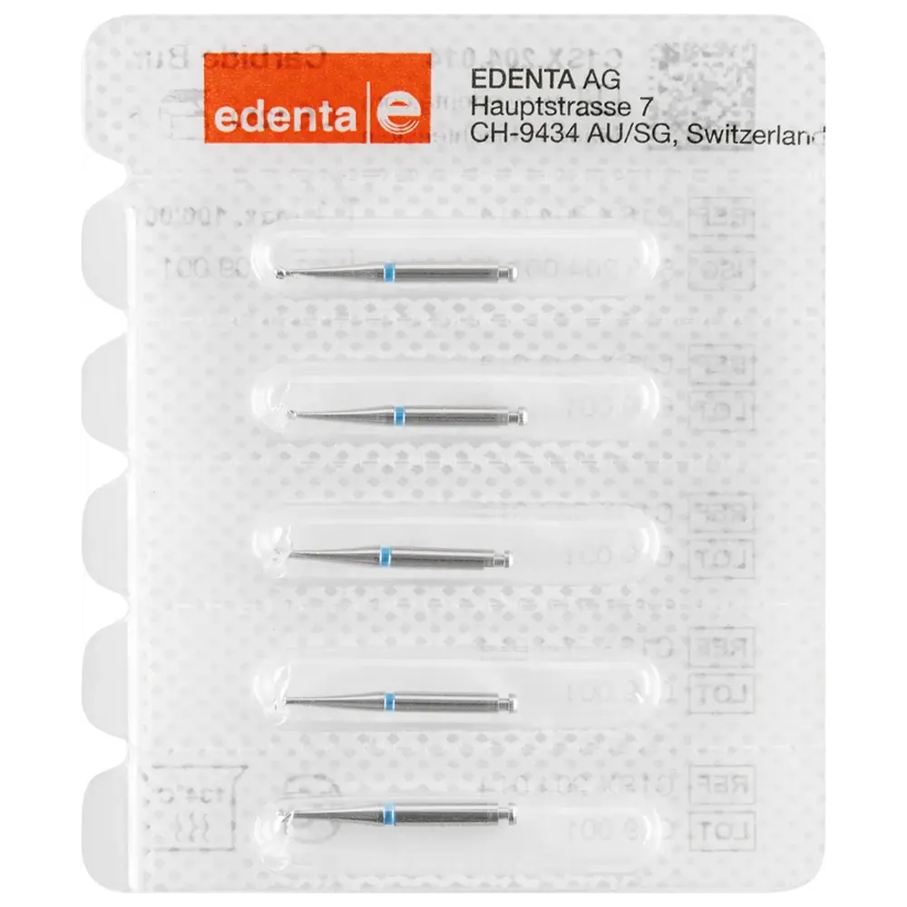 Edenta HM-Bohrer C1SX - Packung 5 Stück Kreuzverzahnung blau RA, Figur 001, ISO 014
