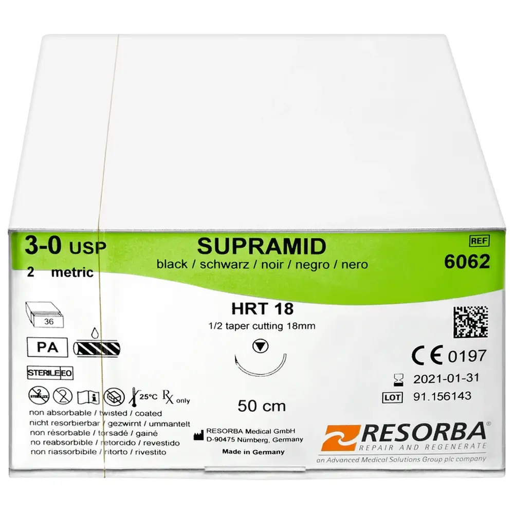 Resorba Medical RESORBA® Supramid - Packung 36 Stück, schwarz, 50 cm, HRT 18, USP 3/0