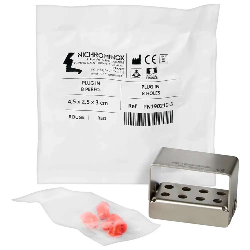 20377_PLUG_IN__Stueck_fuer_8_Instrumente_2_Reihen_a_4_Loecher__rot_45_x_25_x_3_cm NICHROMINOX PLUG IN - Stück für 8 Instrumente (2 Reihen a 4 Löcher, ), rot, 4,5 x 2,5 x 3 cm