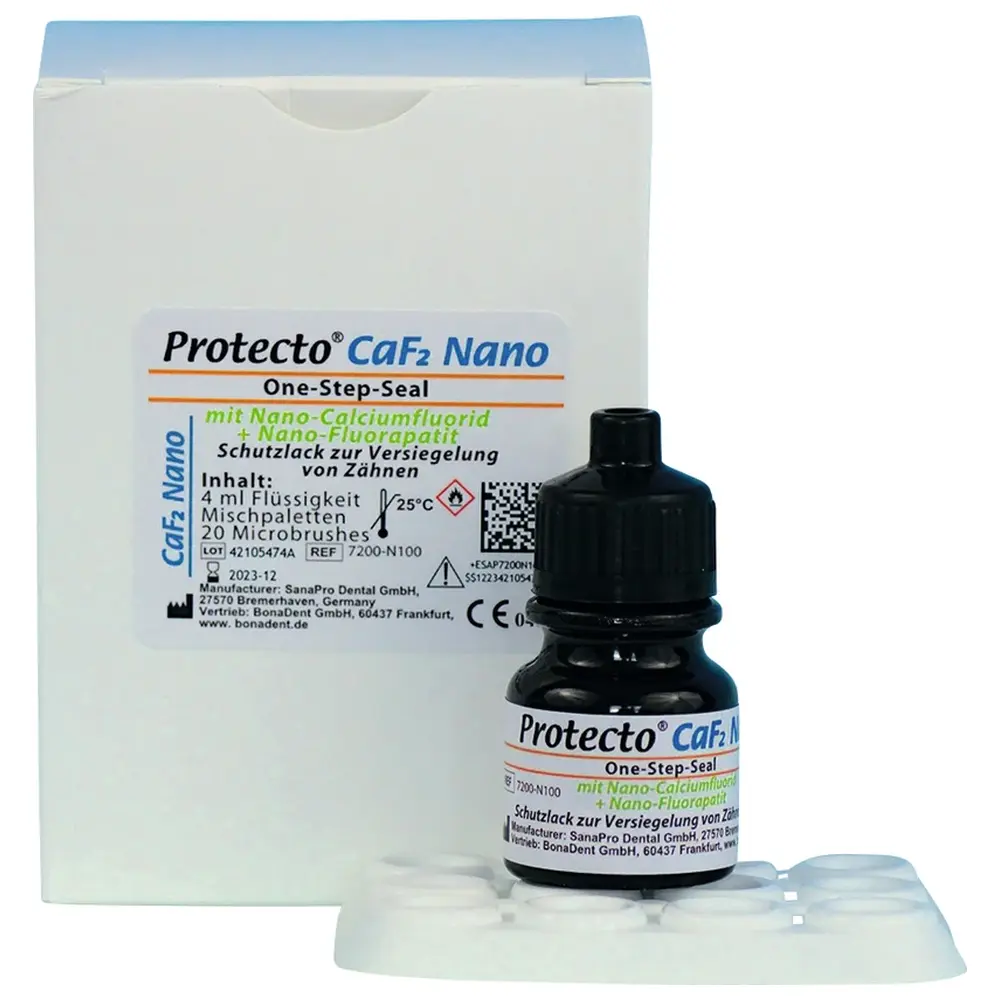BonaDent Protecto® CaF2 Nano - Packung 4 ml Flasche, 4 Mischpaletten, 20 Microbrushes BonaDent Protecto® CaF2 Nano - Packung 4 ml Flasche, 4 Mischpaletten, 20 Microbrushes